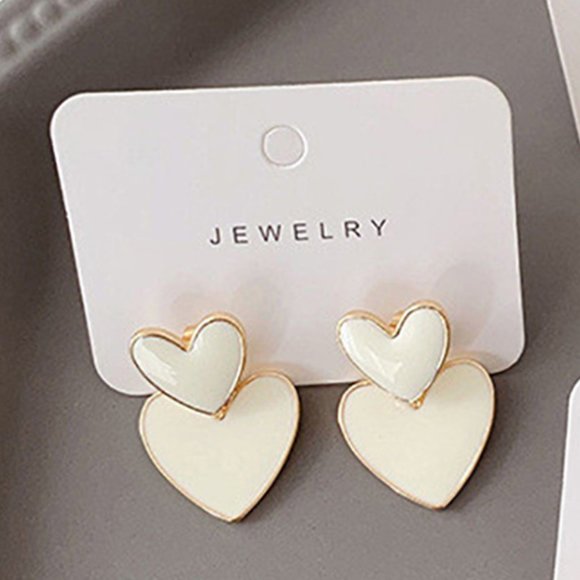 White-Gold Enamel Double Heart Front Back Minimalist Dangle Earrings - Picture 1 of 3